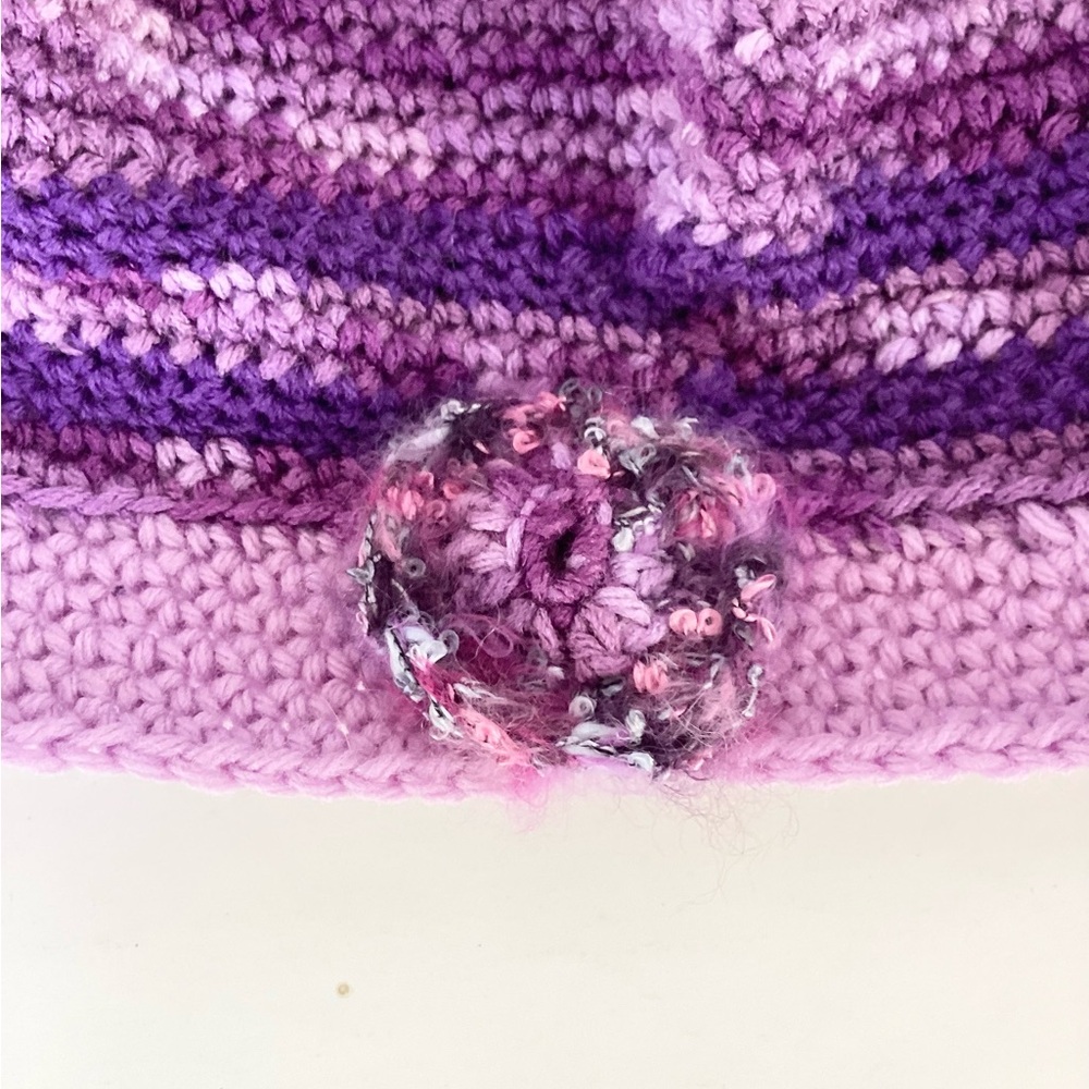 Hat Hand Crafted Purple BeanieStriped Varigated Floral Crochet - Picture 9 of 16